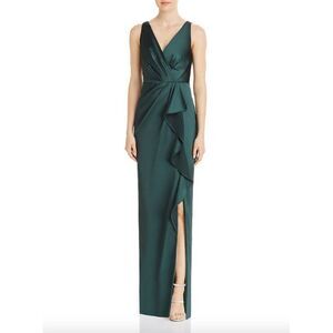 Adrianna Papell dark emerald green satin v-neck drape sleeveless maxi gown dress